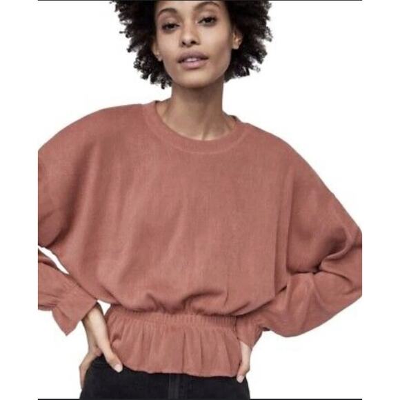 Zara Ruffle Gathered Top Elastic Waist Long Sleeve Stretch Sweater M Coral Pink - Picture 11 of 15